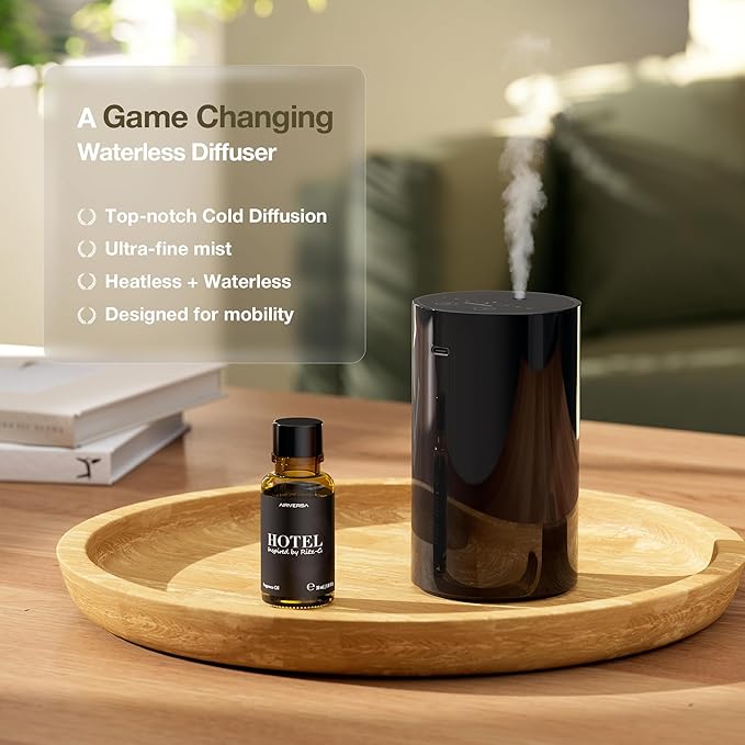 ANZ Waterless Essential Oil Diffuser Starter Kit, Black | 30 mL HTL Hotel Scent Fragrance Oil, Battery Operated, Up to 600 sq ft, Portable for Home Car Office, ANZKit-30-D