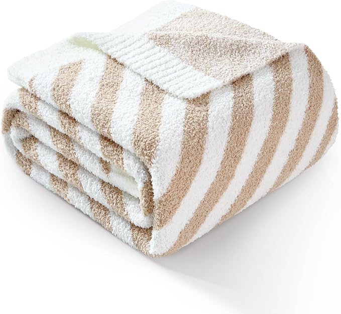 Snuggle Sac Ultra Soft Throw Blanket, Beige, 50"x60" | Reversible, Cozy Knitted, Fuzzy Knit Striped, For Couch, Sofa, Bed, Home Decor