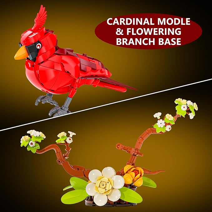 Northern Cardinal Building Set, Male Cardinal Bird with Blooming White Dogwood Flowers, Creative Set for Adults to Build and Display, Red Cardinal Modle, Memorial Gifts for Bird Lovers