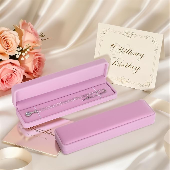 KUKUVR 2 Pcs Velvet Necklace Gift Box, Long Jewelry Storage Holder Case for Chain Pendant Bracelet Engagement Birthday Anniversary (Pink)