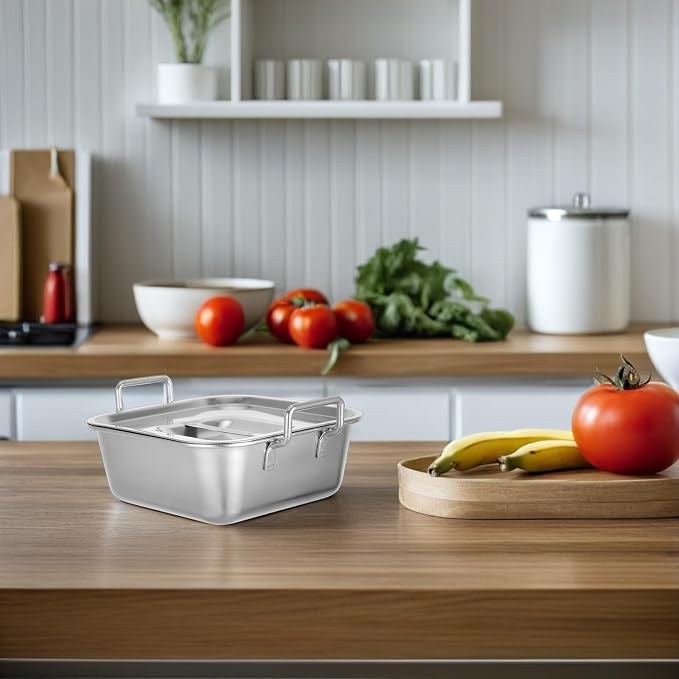 NUOBESTY Stainless Steel Square Snack Basket with Lid and Handles, Food Serving Tray for Fried Chicken, French Fries, Desserts, Party, Buffet, Kitchen (Silver)