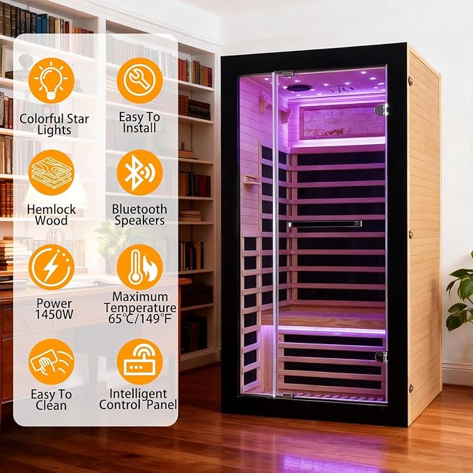Sauna, 1-Person Far Infrared Sauna, Low EMF Indoor Home Sauna 1450W | Canadian Hemlock Wood Luxurious Dry Sauna with 7 Color Starry Ceiling & Speakers Fast Heating Easy Assembly 35.4x35.4x70.8"
