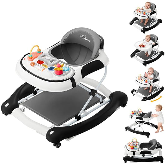 5-in-1 Foldable Baby Walker,Music and Lights Baby Walker with Wheels,Height Adjustable Infant Walker, with Activity Center, Rocker, Bouncer,Push Walker & Feeding Tray for Babies 6-18 Months (Black)