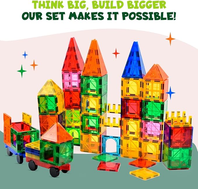 Magnetic Tiles 150 PCS with 2 Cars - STEM Building Blocks for Kids,Safe Magnatiles for 3+ Preschool Toddlers, Educational Gift for Boys & Girls