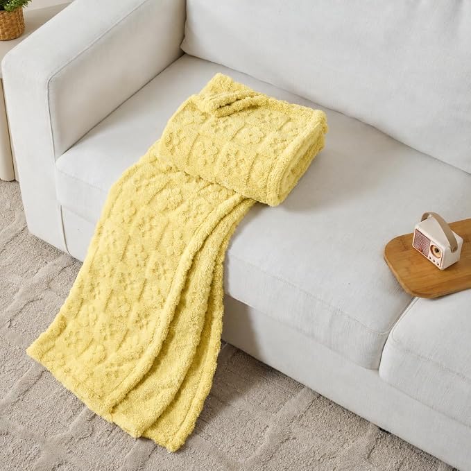 Yellow Floral Plush Throw Blanket 50 x 60 Inch, Soft Fuzzy Fleece, Cozy Decorative Blanket for Couch, Sofa, Bed and Bedroom
