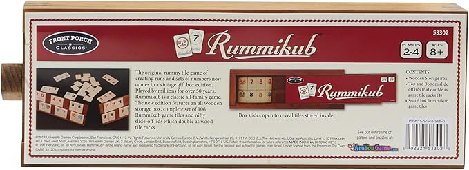 Front Porch Classics, Rummikub Vintage Edition in All-Wood Storage Case with 4 Built-in Player Trays and 106 Rummikub Tiles, for 2 to 4 Players Ages 8 and Up