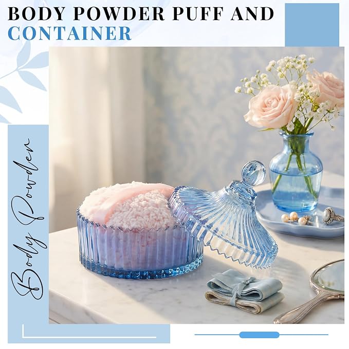 Tioncy 2 Pcs Extra Large Dusting Powder Puff and Container for Women-6'' Glass Crystal Dusting Powder Container with Body Soft Washable Reusable Velour Face(Blue,Classic)