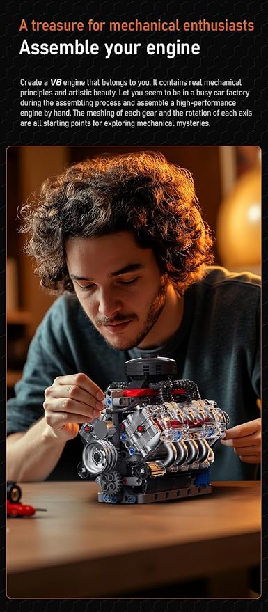 Sosuy V8 Engine Building-Blocks Sets, Working Motor Model, 487+PCS Mechanic Display Home Set for Collection Fans, STEM Cars Toys for Boys, Birthday Gitf for 8+ Kids Adults Men Girls