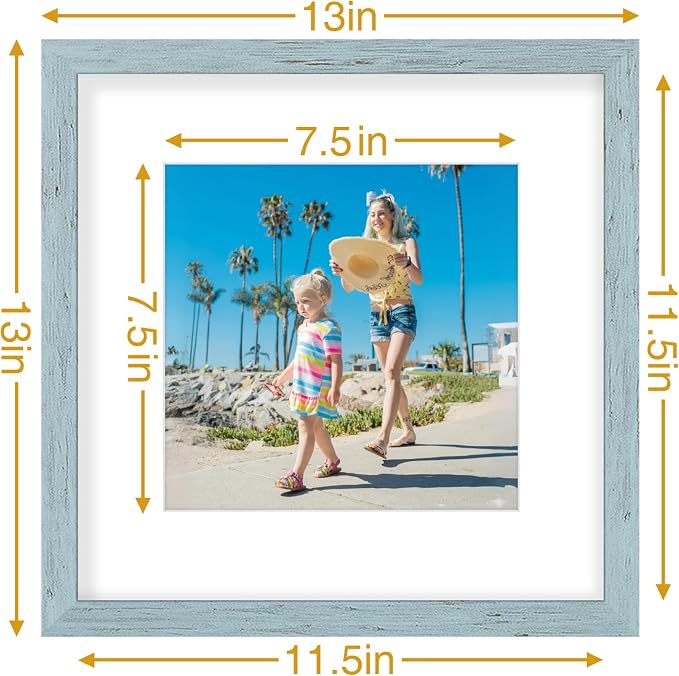 Vittanly 12x12 Picture Frames Set of 9 for Wall Mounting, Rustic Blue | Display Pictures 8x8 with Mat or 12x12 without Mat for Wall Mounting, Square Photo Frames for Home Decor, Engineered Wood