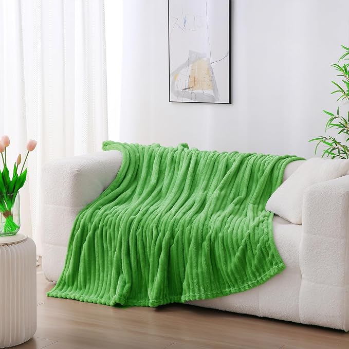 Bright Green Fleece Throw Blanket 50”×60” for Couch Sofa Livingroom | Super Soft Cozy Plush Microfiber Flannel Bed Blanket Striped Design Lightweight Home Decor Gifts for Adults Mom Women