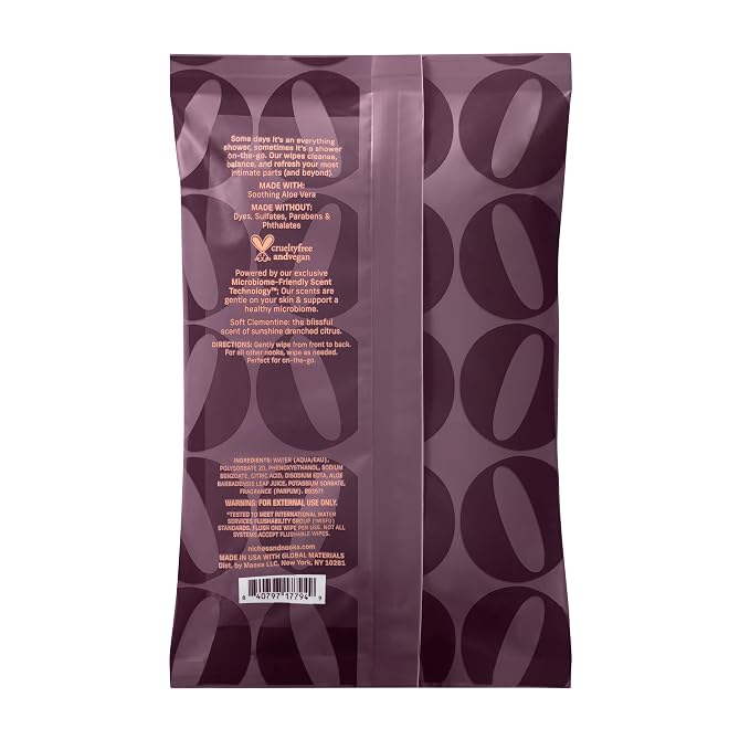 Niches & Nooks pH Balanced Aloe Vera Feminine Flushable Wipes for Women with Sensitive Skin – Soft Clementine – Odor Neutralizing – Daily Intimate Flushable Feminine Hygiene Wipes – Vegan – 45 Ct.