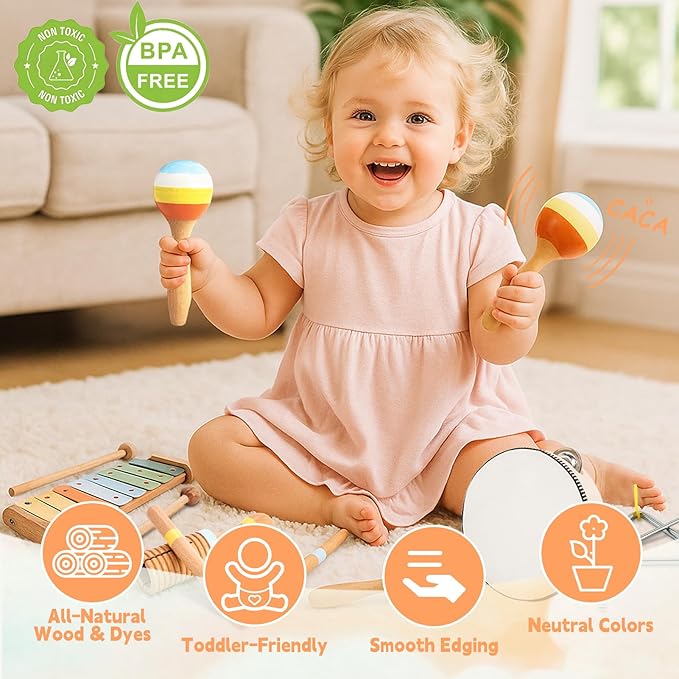 Baby Musical Instruments for Toddlers 1-3, 8PCS Montessori Musical Toy Set with Xylophone, Drum, Maracas...Perfect Toy Gift for 1-3 Year Old Boy Girl