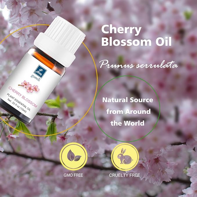 GM Gumili Cherry Blossom Essential Oil - Pure Natural Fragrance for Aromatherapy, Perfume Making, Candles, Soap, Room Spray, Diffuser Blends - Organic, 10mL Undiluted