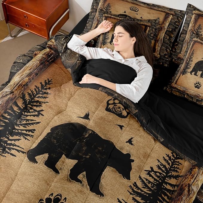 Feelyou Kids Rustic Bear 7 Piece Bedding Set Twin Size Farmhouse Forest Animal Black Bear Comforter Set with Sheets Boys Girls Hunting Country Brown Bed in a Bag
