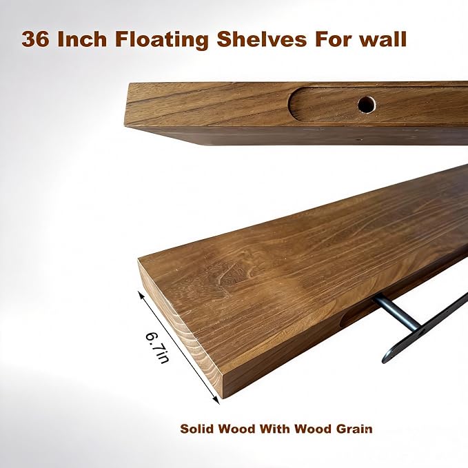 ROGMARS 36 Inches Long Walnut Floating Shelves with Led Light | Rustic Solid Wood Farmhouse Wall Shelves with Invisible Brackets for Bedroom, Living Room, Kitchen, Bathroom Set of 2