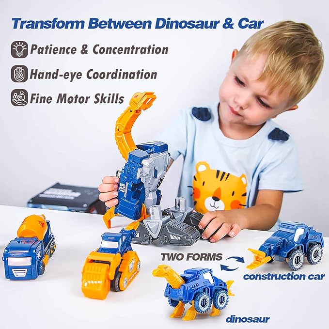 Toddler Construction Car Transform Set, 5pcs Dinosaur Rescue Robot with Magnetic Connectors, Assemble Building Trucks DIY STEM Toy, Birthday Present for Kids Boy Girl 3 4 5 6 7 Year