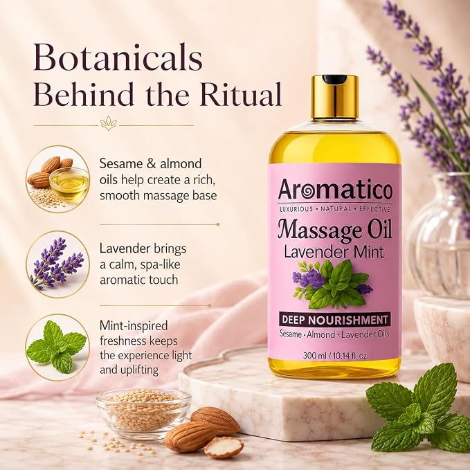 Aromatico Massage Oil with Lavender & Mint Essential Oils, Sesame, Almond & Jojoba Oils Blend, Lightweight Body Massage Oil, 10 Fl Oz