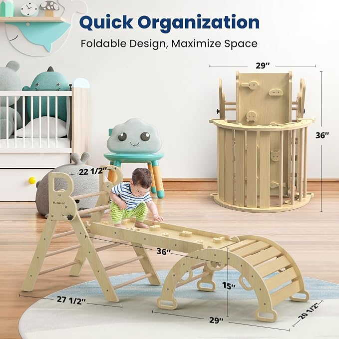 BlueWood Pikler Triangle Set with Safe Handle, Foldable 7-in-1 Montessori Toddler Climbing Toys Indoor, Wooden Pickler Climbing Set, Baby Jungle Gym & Playground, Climbing Toys for 1-3 Year, Natural