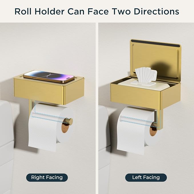 FORIOUS Toilet Paper Holder with Shelf, Sanitary Napkin Receptacle Tampon Holder, Wall Mount Toilet Paper Holder with Storage, Flushable Wipes Dispenser Fits for Bathroom Commercial(2, Brushed Gold)