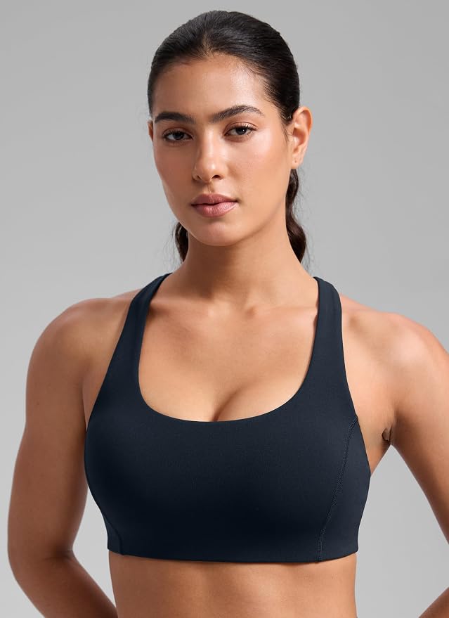 CRZ YOGA SculptAir Wide Straps Cross Back Sports Bras for Women - U Neck Medium Impact Wireless Padded Workout Top