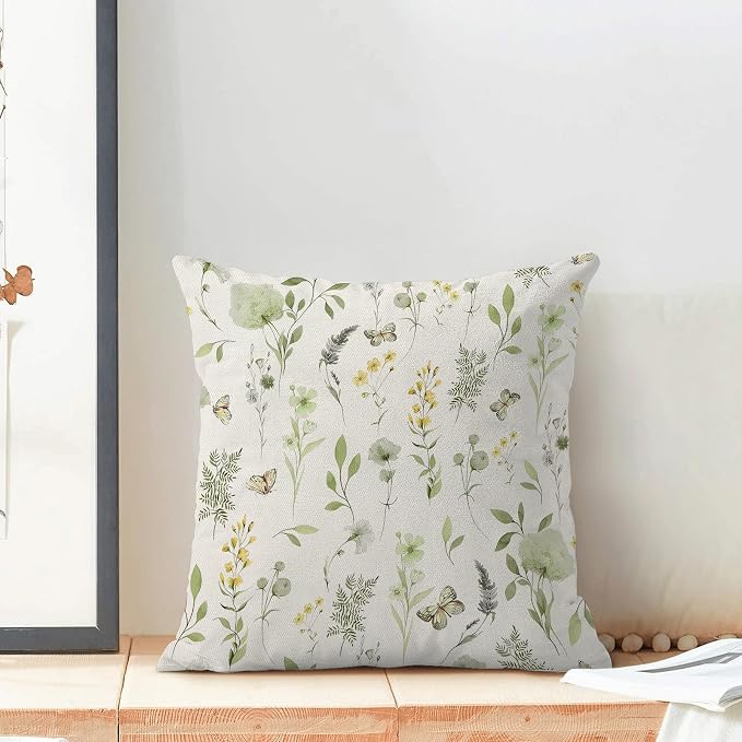 AEIOAE Spring Pillow Covers 22x22 Inch Set of 2, Sage Green Yellow Wild Flower Throw Pillows Case,Colorful Seasonal Floral Plant Outdoor Decorative Farmhouse Decor Cushion Covers for Sofa Bed Couch