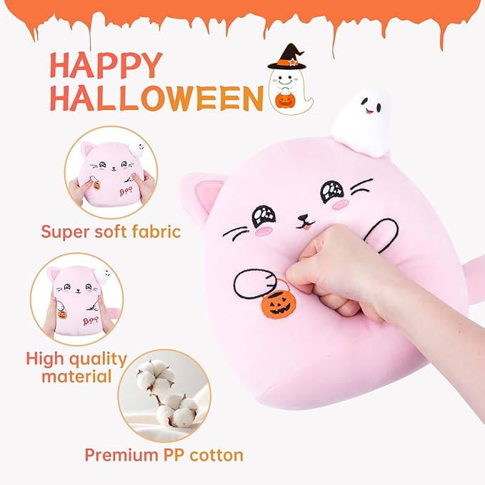 Pink Cat Plush – Halloween Stuffed Animal Ghost Bat Design Soft Pink Cat Stuffed Animal Decoration Party Favors 10 Inch