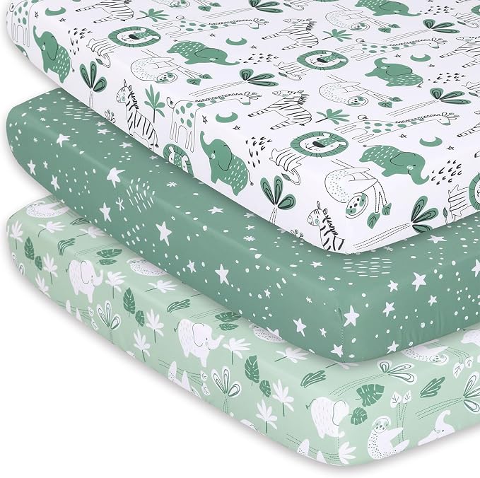 The Peanutshell 3-Pack Fitted Playard Sheets - Soft & Breathable Baby Boy or Girl Mini Crib Sheets, Pack N Play Mattress, Fits Standard Playard Pack Play Mattresses - Green Safari