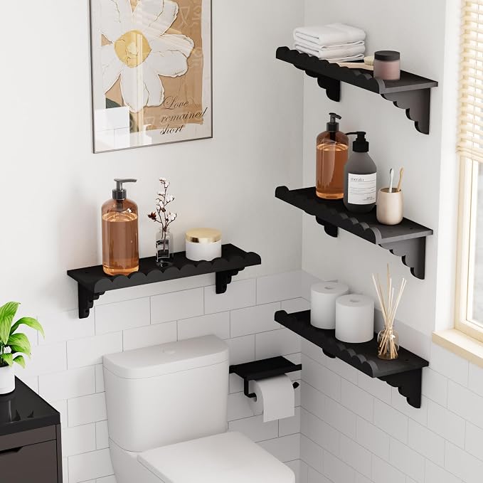 Scalloped Wood Wall Shelf – 17 Inch Floating Shelf with Wood Brackets, Easy to Install Rustic Wall Shelf for Living Room, Bedroom, Bathroom, or Any Space, Black Shelves