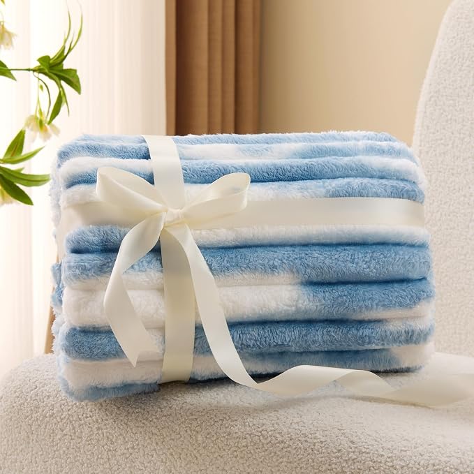 BEDELITE Striped Fleece Throw Blanket, Blue&White, 50"x60" | 300GSM Microfiber Fleece, Soft Cozy, Lightweight Warm, Double-Sided Plush, Machine Washable, Gift, Room Decor, for Couch Sofa