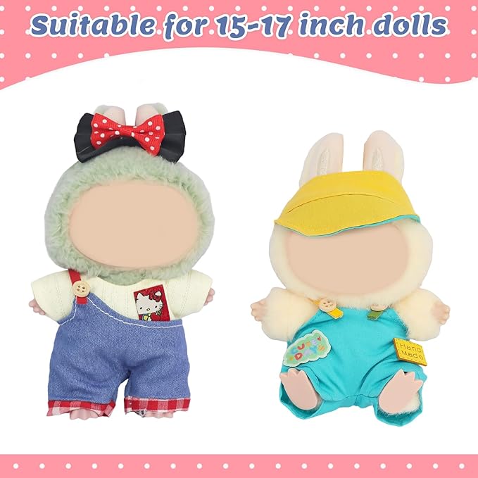 5-Piece Doll Clothes Set for 15cm & 17cm Mini Dolls – 2 Sets Outfits Accessories Suit with Bow Clip, Bib Pants, T-Shirt, and Hat for 17cm Doll (No Dolls & Shoes)