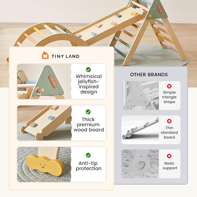 Tiny Land Pikler Triangle Set,7-in-1 Foldable Montessori Toddler Climbing Toys Indoor, Wooden Playground Jungle Gym for Kids, Climber Gift for Boys & Girls Toddler Climbing Toys (Morandi)