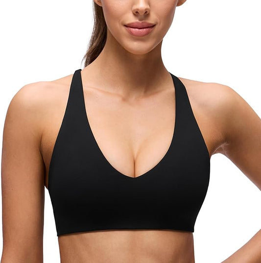 CRZ YOGA Butterluxe V Neck Twist Cross Back Sports Bras for Women - Adjustable Spaghetti Straps Padded Crop Yoga Top