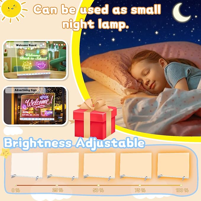 2026 LED Drawing Board for Kids Ages 6+, 1 Pack 13.7" x 9.75" Plug-in Light Up Dry Erase Board with Colors, 7 Color Modes, Stand, Markers, Spray Bottle & Italian Brainrot Tracing Booklet