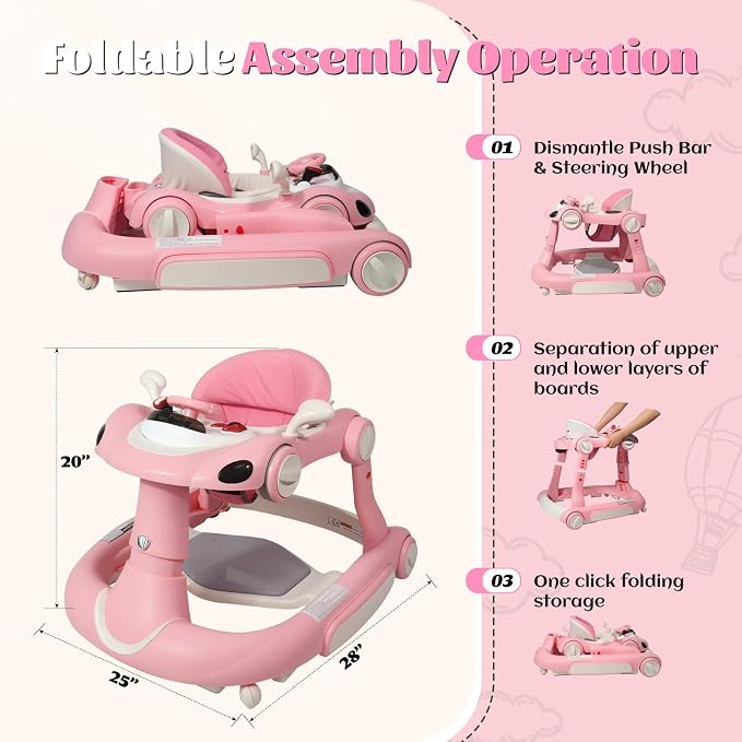 Baby Walker, 4-in-1 Baby Walker with Wheels Portable, Foldable Infant Toddler Walker for Boys Girls 6-18 Month,Removable Footrest,Car Steering Wheel & Music, Adjustable Push Walker Pink