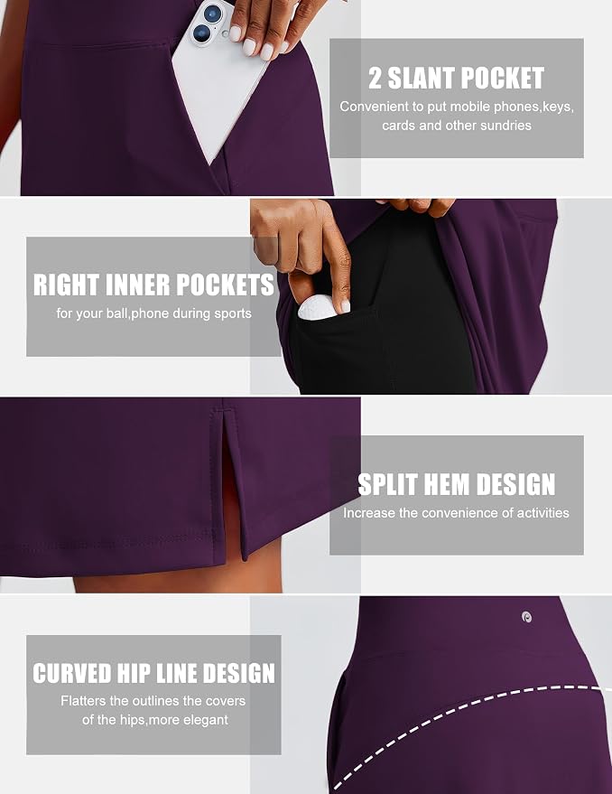 PINSPARK 20" Skorts for Woman Knee Length UPF 50+ Golf Skirts | 4 Pockets, Built-in Shorts, High Waisted, Split Hem, Silky-smooth, Moisture-wicking, for Golf Athletic Tennis Workout Casual