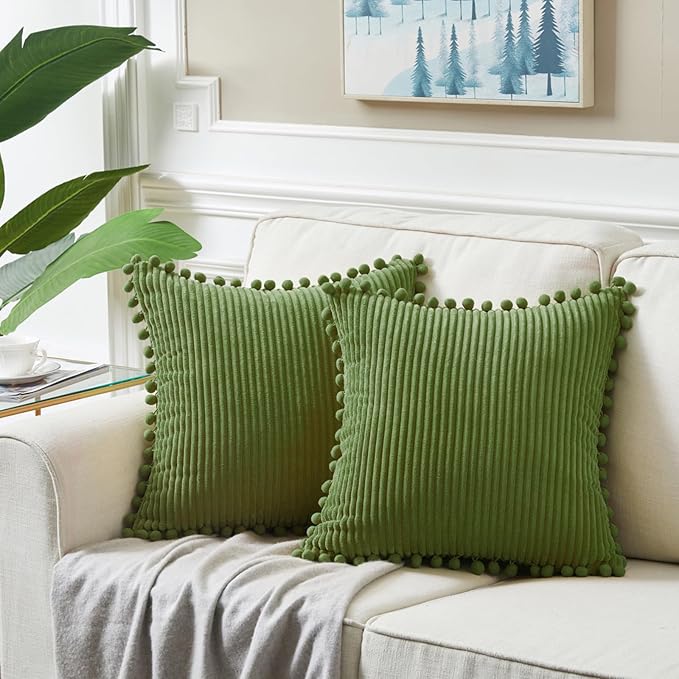 Fancy Homi 2 Packs Moss Green Decorative Throw Pillow Covers 16x16 Inch with Pom poms, Boho Farmhouse Home Decor, Soft Corduroy Accent Square Cushion Case for Living Room Couch Bed Sofa 40x40 cm