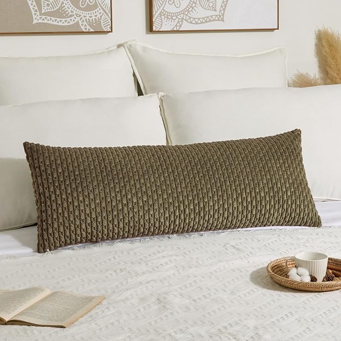 Kevin Textile Soft Corduroy 14"x36" Lumbar Pillow Cover 1 Pack, Olive Green | Boho Stripe Plush Corduroy Decorative Oblong Cushion Cover Modern Farmhouse Home Decor for Sofa Couch Bed Chair
