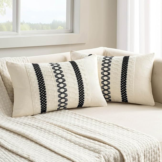 MIULEE Set of 2 Black Boho Decorative Lumbar Pillow Covers 12x20 Inch | Farmhouse Couch Throw Pillows, Modern Cotton Cushion Covers, Macrame Woven Spring Home Decor for Bed Sofa Chair
