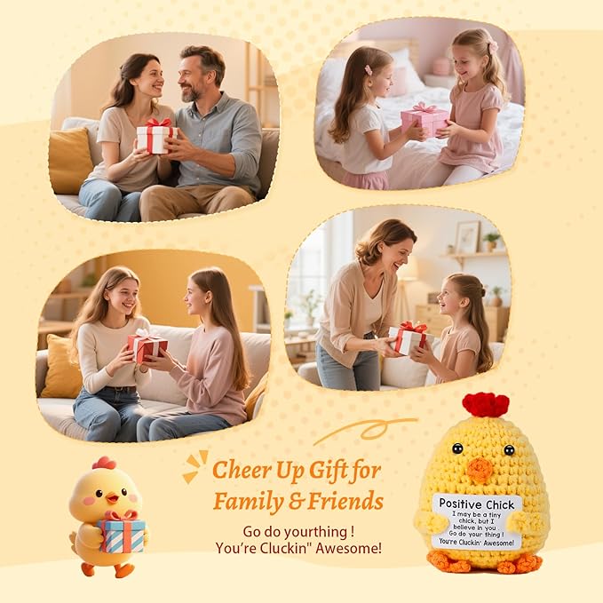 Positive Crochet Chicken, Handmade Emotional Support Animals Plush Cute Stuff, Funny Inspirational Friendship Stress Relief Birthday Graduation Gifts for Women Teens Girls Coworkers Friends