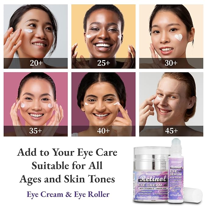 Eye Cream & Roller Serum Set with Retinol,Vitamin E,Squalane, Hyaluronic Acid for Dark Circles, Eye Bags & Fine Lines Under Eyes, Brighten Under Eyes,1OZ&0.27OZ