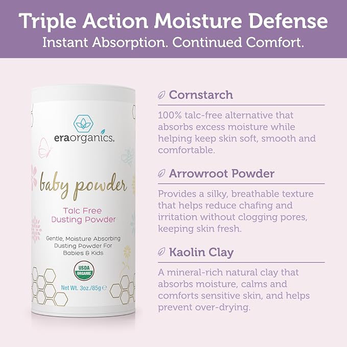 Era Organics Talc-Free Organic Baby Powder - USDA Organic Dusting Powder with Arrowroot, Calendula and Cornstarch for Newborns, Babies or Toddlers - Soothing, Fragrance Free (3oz/85g) - 2 Pack