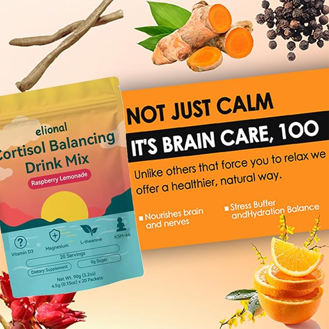 Cortisol Drink Mix for Mental Clarity & Digestive Comfort – Ashwagandha + L-Theanine Powder – Raspberry Lemonade Flavor – 20 Single-Serve Packets (Raspberry Lemonade)