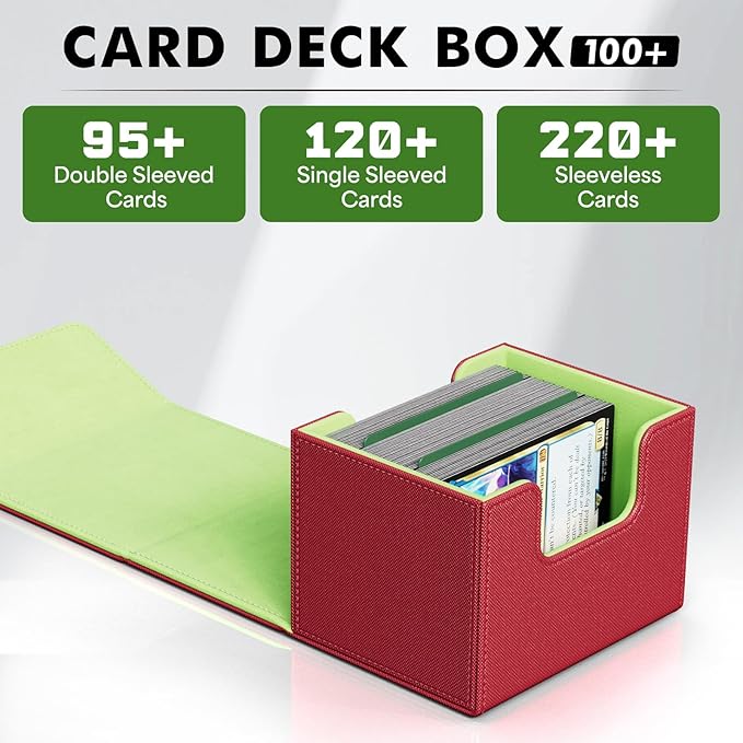 ZLCA Card Deck Box for Trading Cards, MTG Commander Deck Box Holds 120+ Single Sleeved Cards, Leather Magnetic Card Storage Box Fits for TCG CCG Magic Cards (Red&Green)