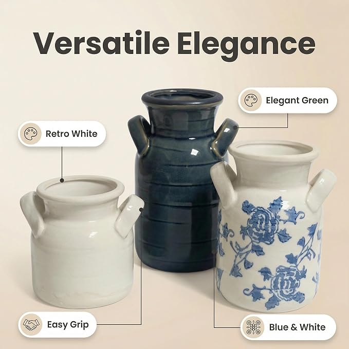 Ceramic Vase Set of 3 with Two Handles, Blue White Neutral Rustic Modern Farmhouse Boho Decor, Versatile as Table Centerpiece or Mantel & Shelf Accent - Unique Home Gift Idea