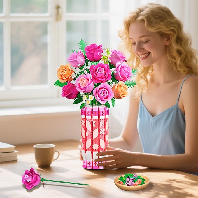 Romantic Pink Roses Bouquet Building Set with Vase & LED Light, 845PCS Flowers Botanical 3.6MM Mini Building Blocks Toys, Gifts for for Her, Artificial Flowers for Office Home Decor & Display