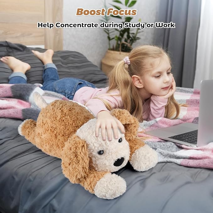 Bobbie & Laxi 24" 4.5lbs Patchwork Dog Weighted Stuffed Animal–Adjustable Sitting & Laying Weighted Dog Plush Toy Pillow with Removable Ceramsite Bag Cuddly Soft Companion for Adult, Kid
