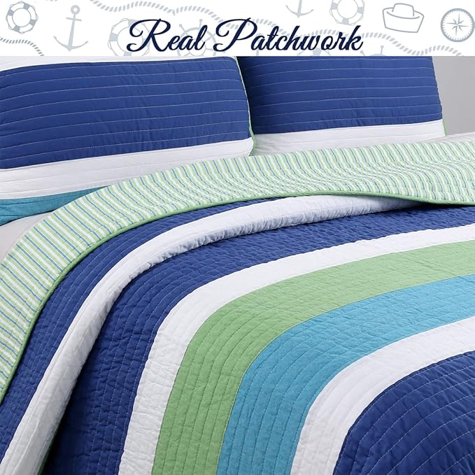 Cozy Line Home Fashions Waylon Navy Blue Green White Striped 100% Cotton Reversible Bedding Quilt Set, Coverlet Bedspread (Blue/Green, Queen - 3 Piece)