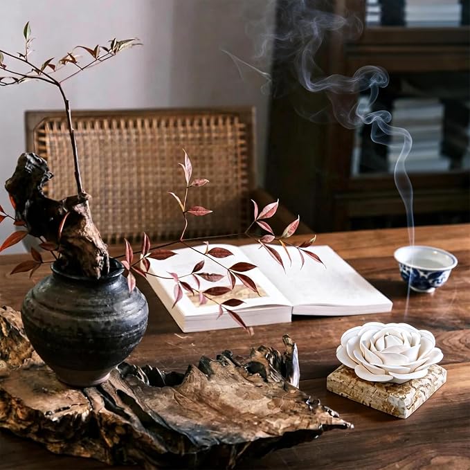 Ceramic Passive Essential Oil Diffuser, Aesthetic Desktop Handmade Flower & Concrete Base, Porcelain Aromatherapy Oils Diffuser for Home, Office, Yoga, Spa Room (White Camellia)