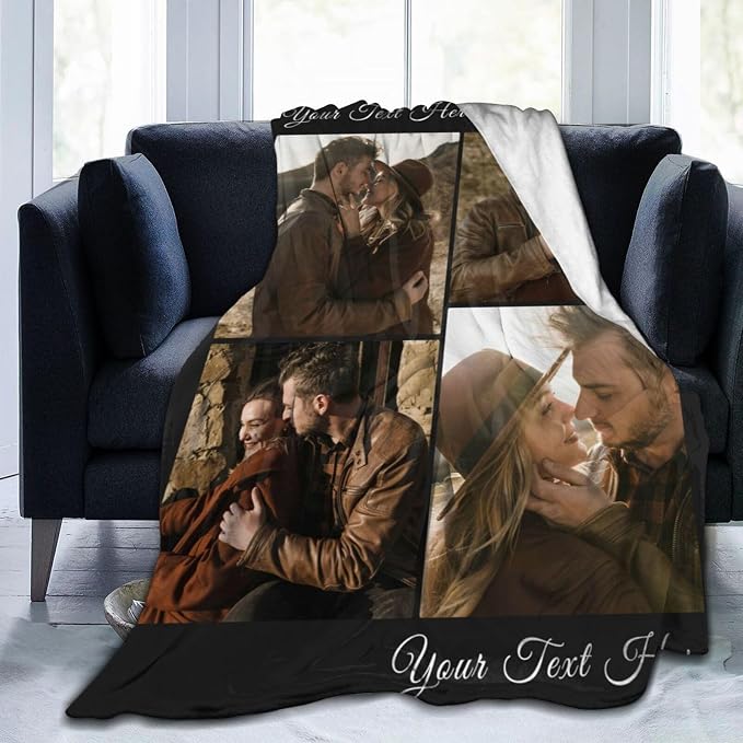 Custom Blanket with Picture Text, Personalized 4 Photo Blanket, HD Printing Customized Flannel Throw Blanket Gifts for Mom Dad Couple Girlfriend Boyfriend Wife Husband Christmas