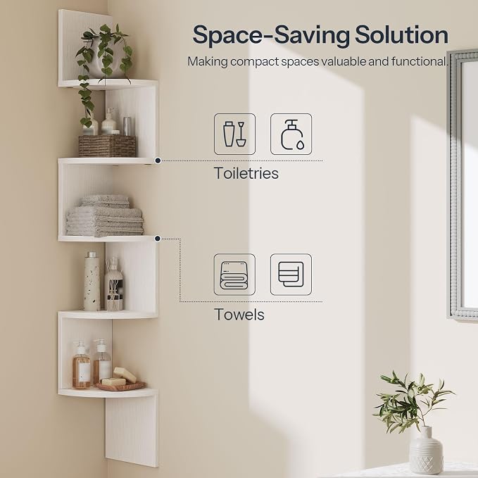 HOOBRO Corner Shelf Wall-Mounted, Set of 2 Floating Corner Shelves for Wall, 5-Tier Corner Bookshelves for Living Room, Bedroom, Bathroom, Home Office, White WT26BJP201